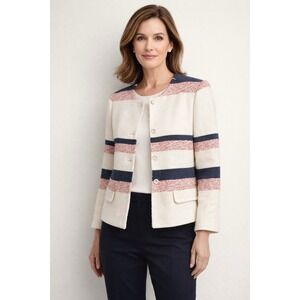 Ann Taylor Womens Tweed Blazer Size 14 Off White Red Blue Stripe Lined Business